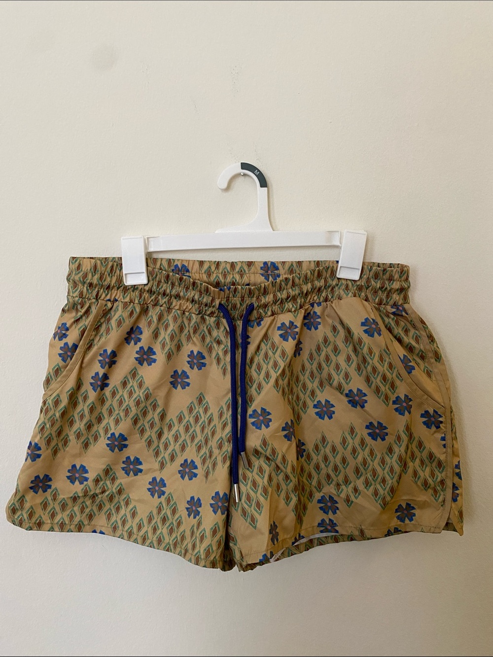 Reclaimed Vintage Tan Athletic Shorts with Blue Floral Print M